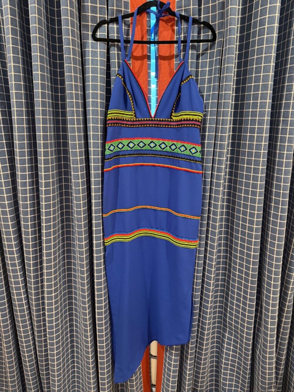 Nicole Miller Blue Beaded Tribal Halter Maxi Dress Size 4